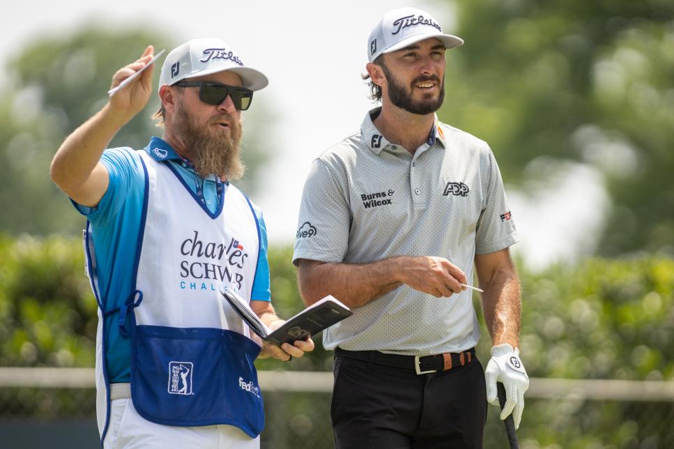 FT. WORTH, TX - MAY 28: Max Homa of the United States and his caddie, Joe Greiner, look down the fairway of the fifth hole during the Final Round of the Charles Schwab Challenge at Colonial Country Club on May 28, 2023 in Ft. Worth, Texas. (Photo by Eston Parker/ISI Photos/Getty Images).